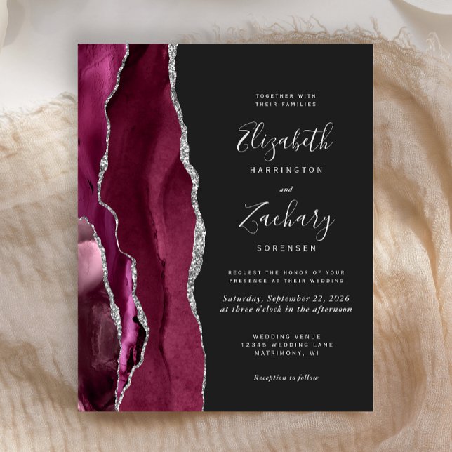 Budget Burgundy Silver Agate Dark Wedding Invite (Creator Uploaded)