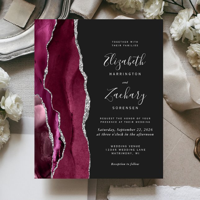 Budget Burgundy Silver Agate Dark Wedding Invite (Creator Uploaded)