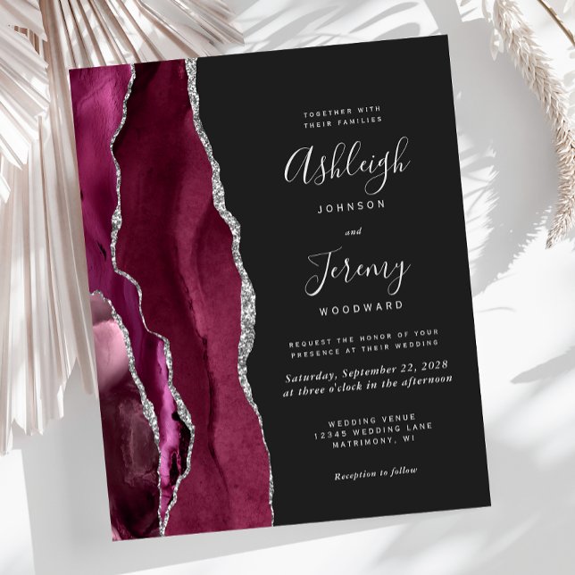 Budget Burgundy Silver Agate Dark Wedding Invite (Creator Uploaded)