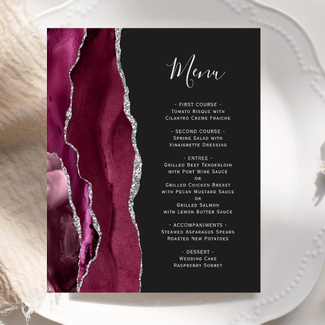 Budget Burgundy Silver Agate Dark Wedding Menu (Creator Uploaded)