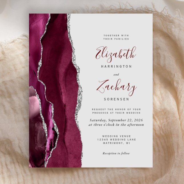 Budget Burgundy Silver Agate Gray Wedding Invite (Creator Uploaded)