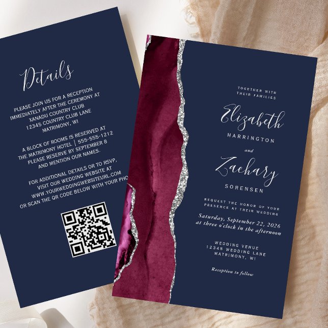 Budget Burgundy Silver Agate Navy QR Code Wedding (Creator Uploaded)