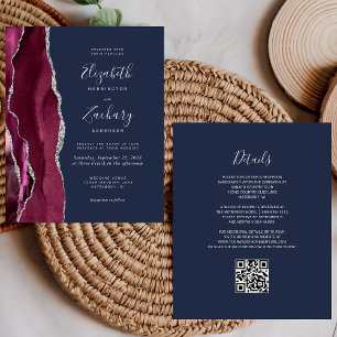 Budget Burgundy Silver Agate Navy QR Code Wedding