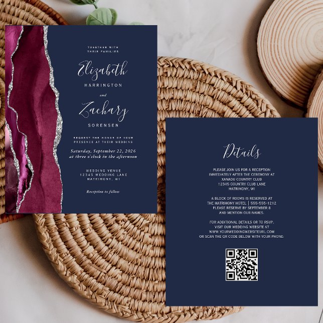 Budget Burgundy Silver Agate Navy QR Code Wedding (Creator Uploaded)