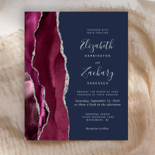 Budget Burgundy Silver Agate Navy Wedding Invite