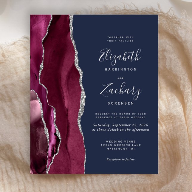 Budget Burgundy Silver Agate Navy Wedding Invite (Creator Uploaded)