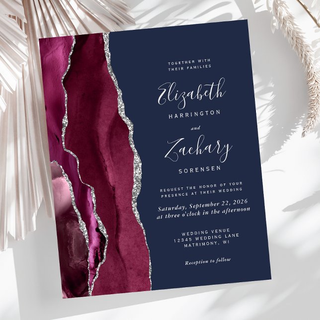 Budget Burgundy Silver Agate Navy Wedding Invite (Creator Uploaded)