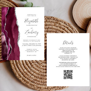 Budget Burgundy Silver Agate QR Code Wedding
