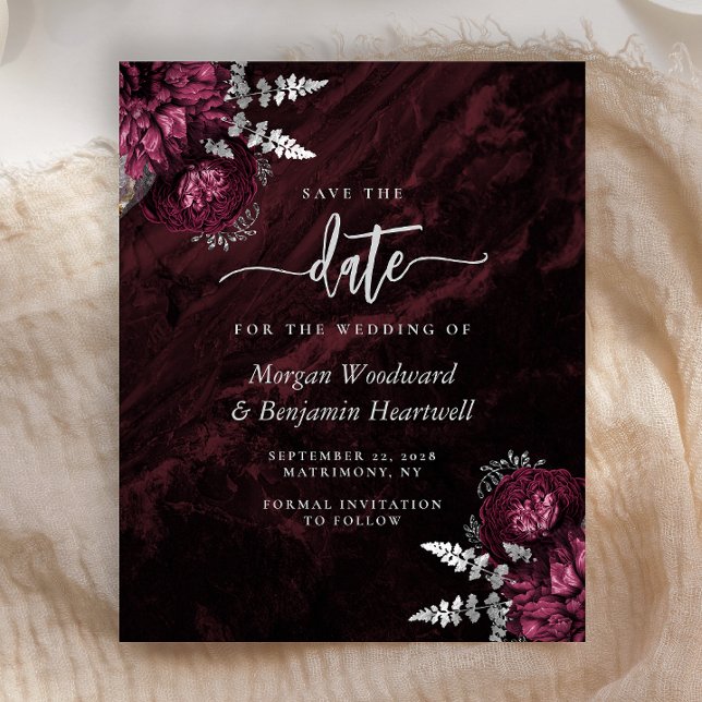 Budget Burgundy Silver Floral Save the Date (Creator Uploaded)