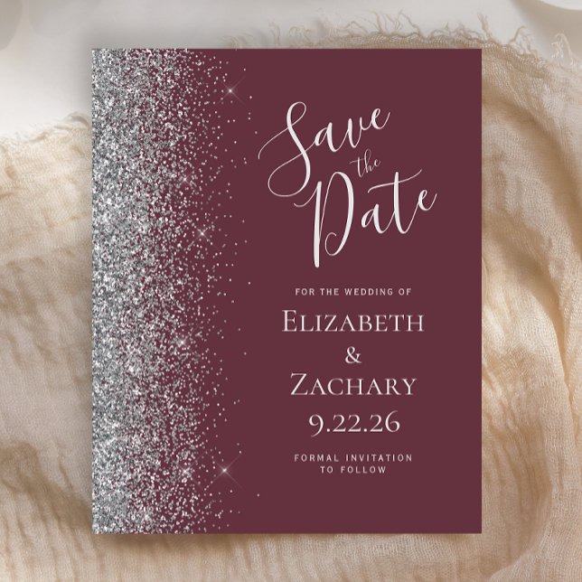 Budget Burgundy Silver Glitter Edge Save the Date (Creator Uploaded)