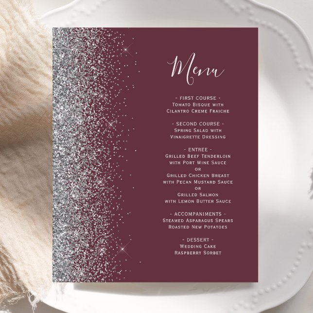 Budget Burgundy Silver Glitter Edge Wedding Menu (Creator Uploaded)