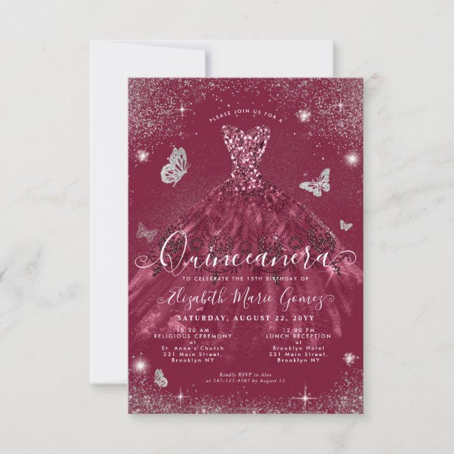 Budget Burgundy Silver Glitter Gown Quinceanera Card (Front)