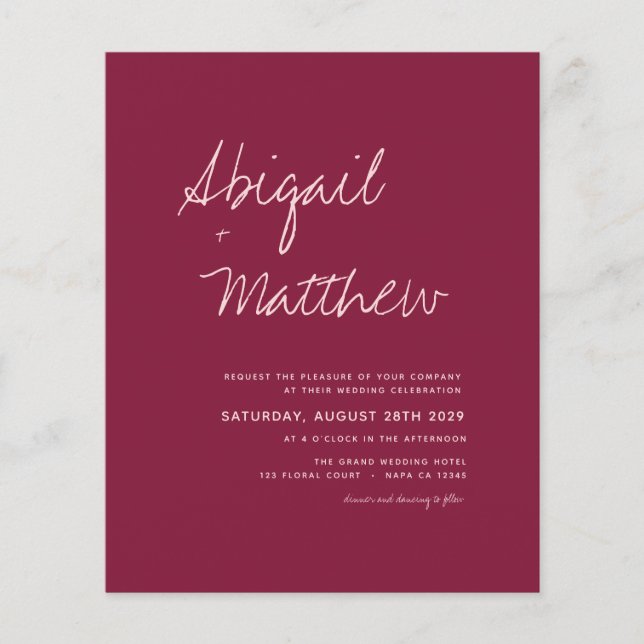Budget Burgundy Simple Modern Wedding Invitation  Flyer (Front)