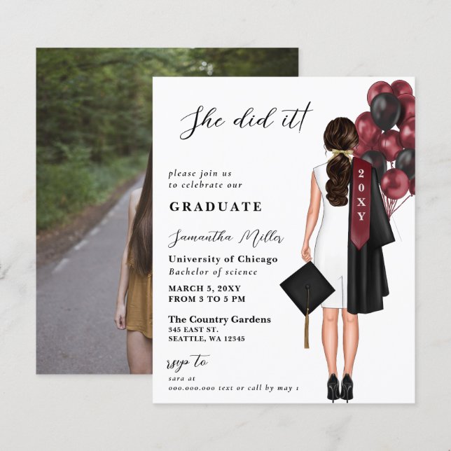 Budget Burgundy Simple Photo She Did It Graduation (Front/Back)