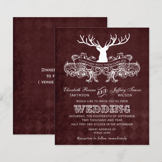 Budget Burgundy Stag Wedding Invitation (Front/Back)