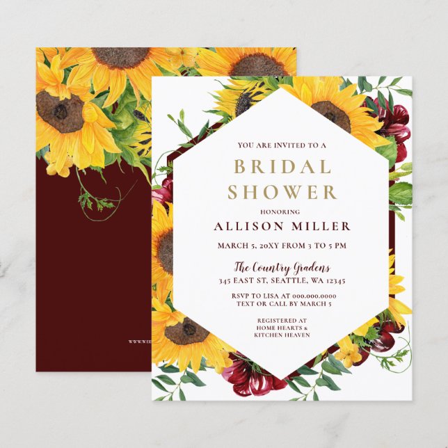 Budget Burgundy Sunflower Bridal Shower Invitation (Front/Back)