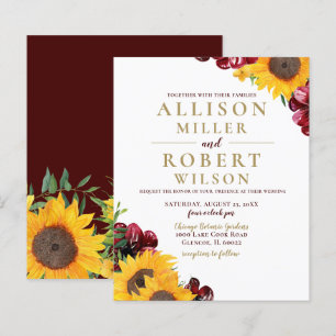 Budget Burgundy Sunflower Wedding Invitation