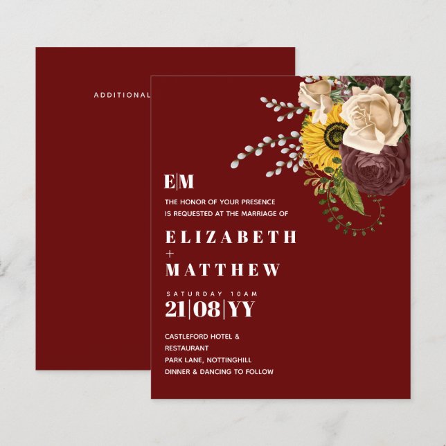 Budget Burgundy Sunflowers Floral Wedding Invites (Front/Back)