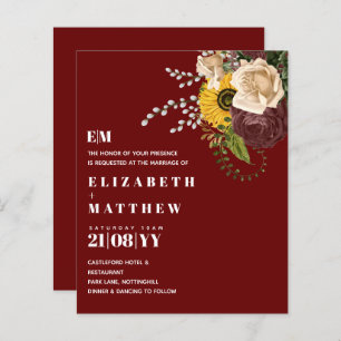 Budget Burgundy Sunflowers Floral Wedding Invites
