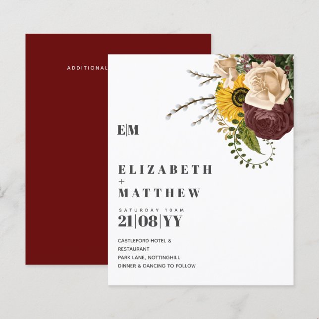Budget Burgundy Sunflowers Floral Wedding Invites (Front/Back)