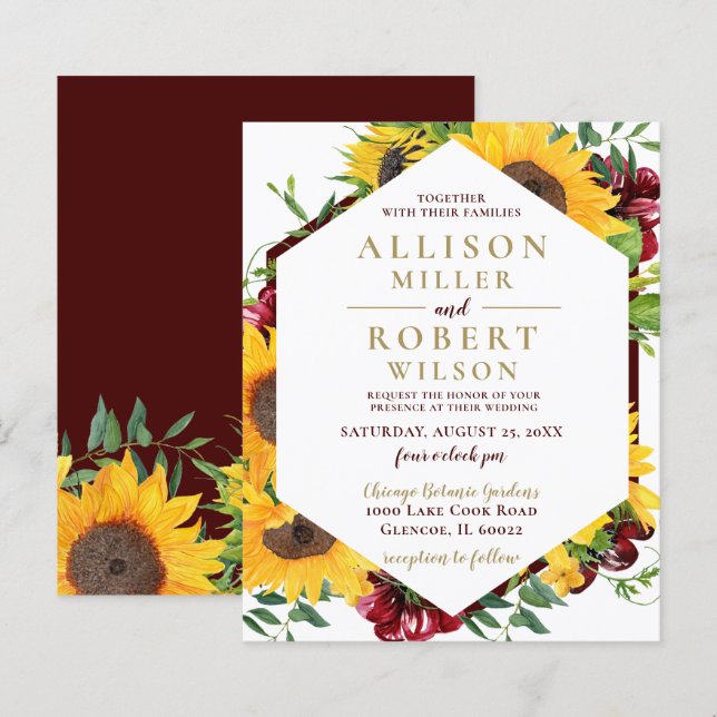 Budget Burgundy Sunflowers Wedding Invitation (Front/Back)