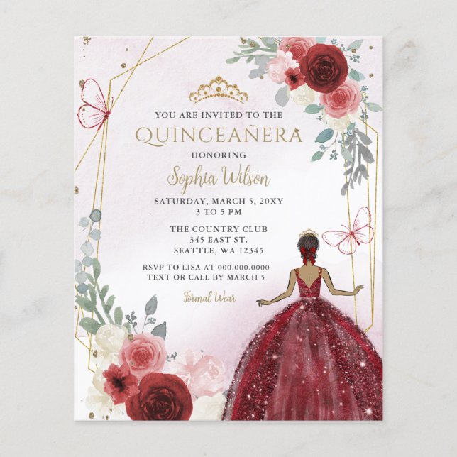 Budget Burgundy Tan Princess Quinceañera Invite (Front)