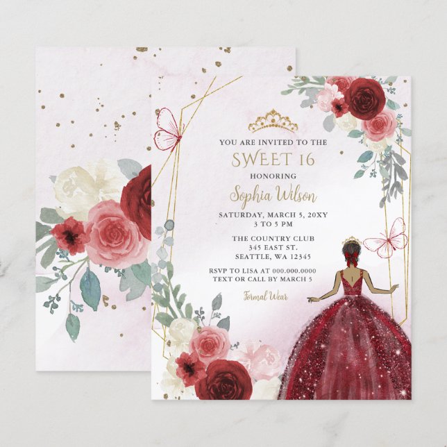Budget Burgundy Tan Princess Sweet 16 Invite (Front/Back)