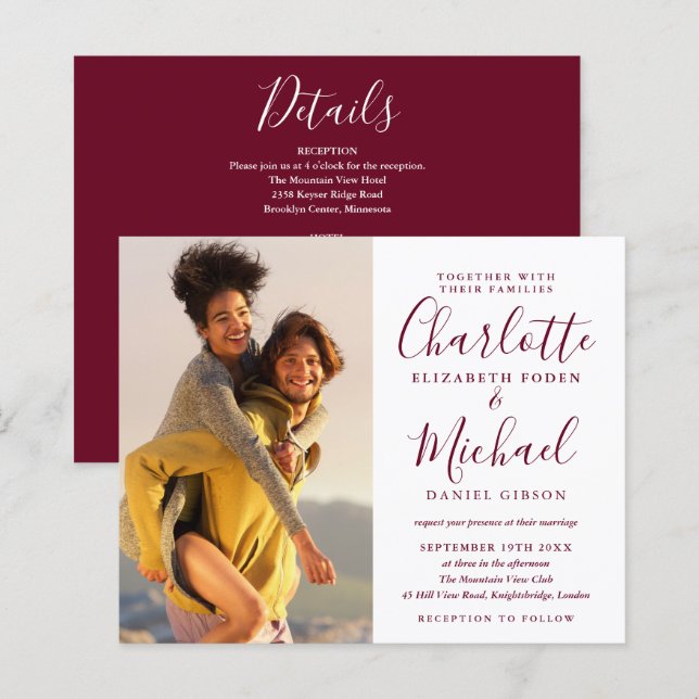 Budget Burgundy Wedding All In One Photo Invite (Front/Back)