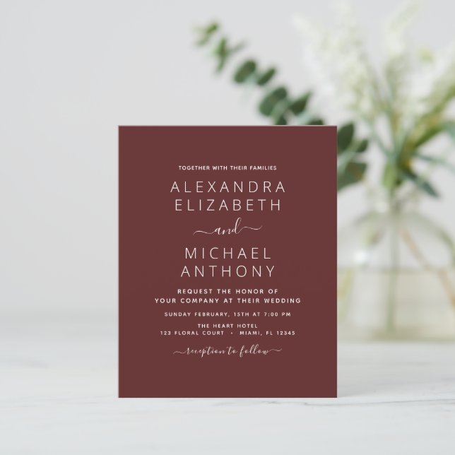Budget Burgundy Wedding Modern Typography (Standing Front)