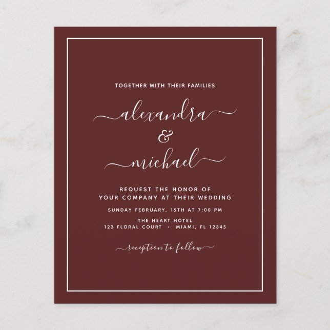 Budget Burgundy Wedding Modern Typography Flyer (Front)