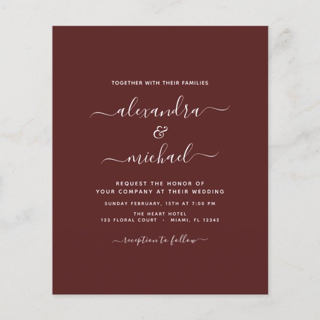 Budget Burgundy Wedding Modern Typography Flyer (Front)