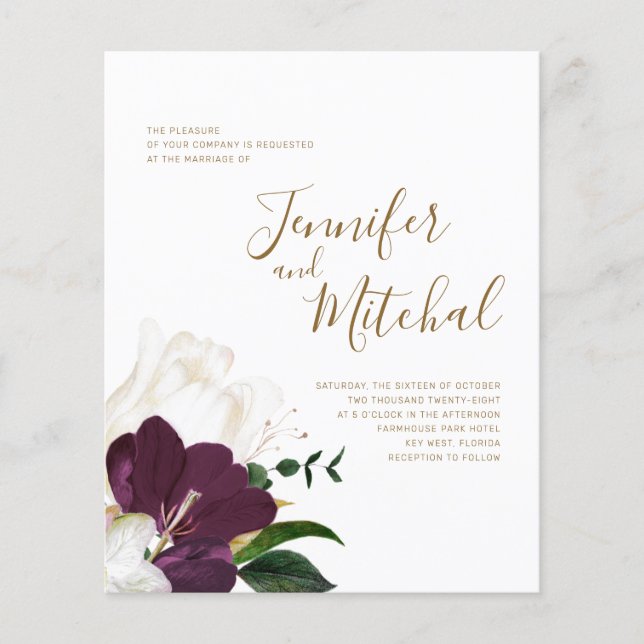 BUDGET Burgundy White & Gold Wedding Invitation (Front)