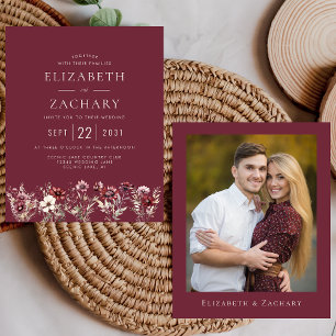 Budget Burgundy Wildflowers Photo Wedding Invite
