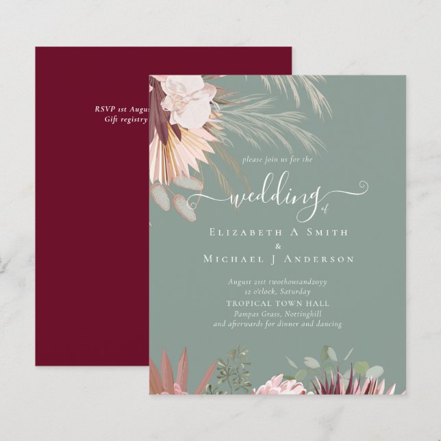 BUDGET Burgundy Wine Pampas Grass Tropical Wedding (Front/Back)