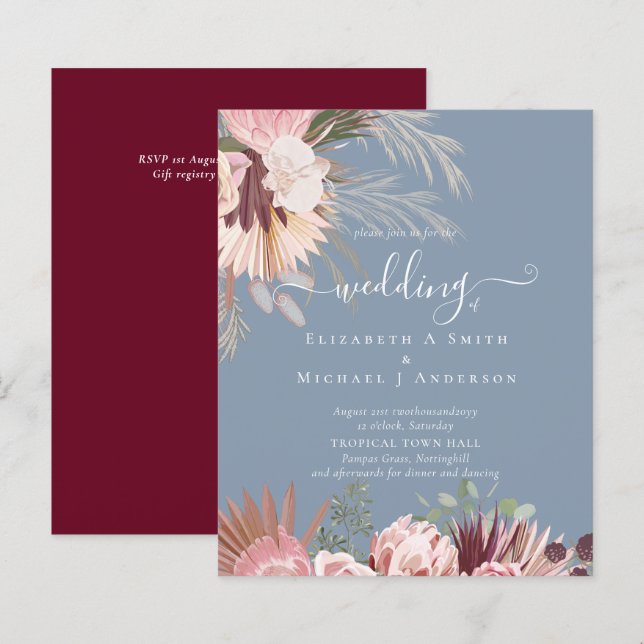 BUDGET Burgundy Wine Pampas Grass Tropical Wedding (Front/Back)