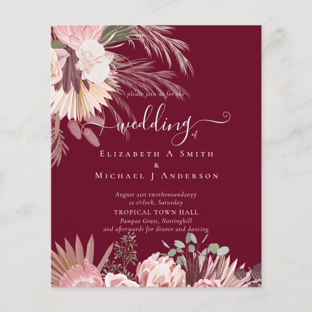 BUDGET Burgundy Wine Pampas Grass Tropical Wedding Flyer (Front)