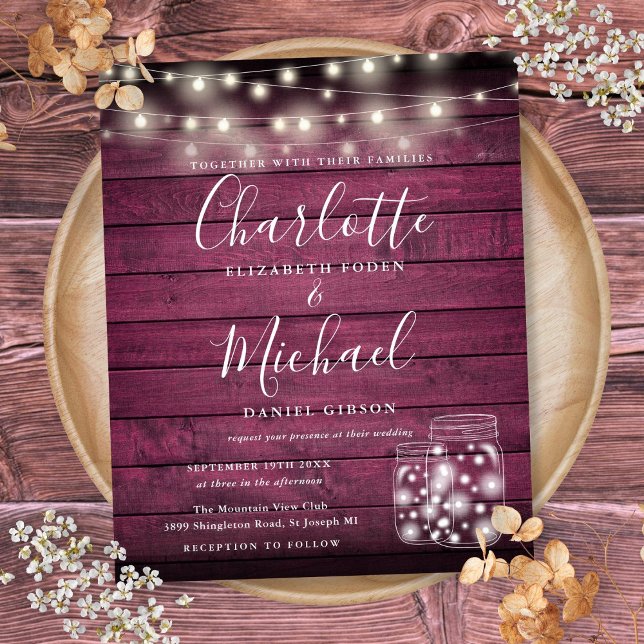 Budget Burgundy Wood Mason Jars Wedding Invitation (Budget Burgundy Wood Mason Jars Wedding Invitation)