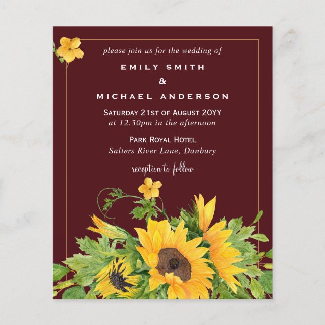 Budget Burgundy Yellow Sunflowers Wedding Invites (Front)
