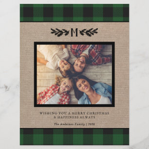 Budget Burlap Buffalo Plaid Monogram Photo Holiday Flyer