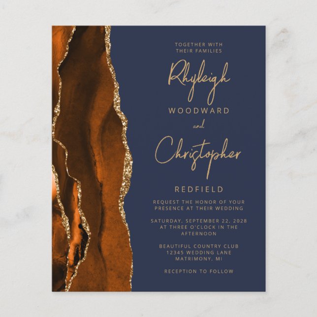 Budget Burnt Orange Agate Blue Wedding Invite (Front)