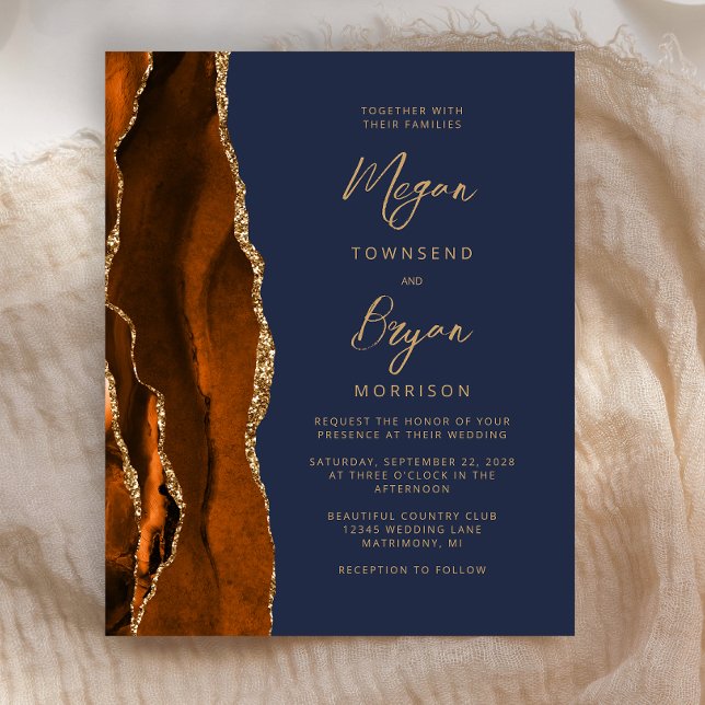 Budget Burnt Orange Agate Navy Blue Wedding Invite (Creator Uploaded)