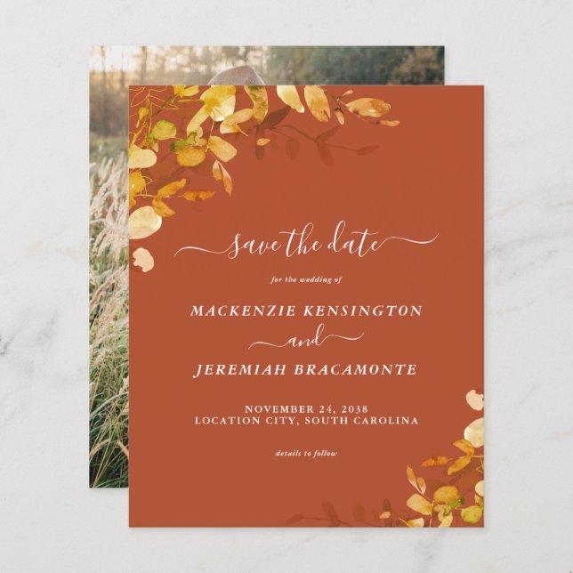 Budget Burnt Orange Botanical Photo Save the Date (Front/Back)