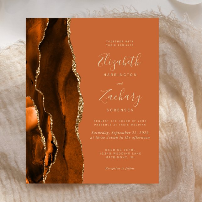 Budget Burnt Orange Brown Agate Wedding Invitation (Creator Uploaded)