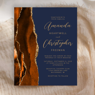 Budget Burnt Orange Dark Blue Agate Wedding Invite