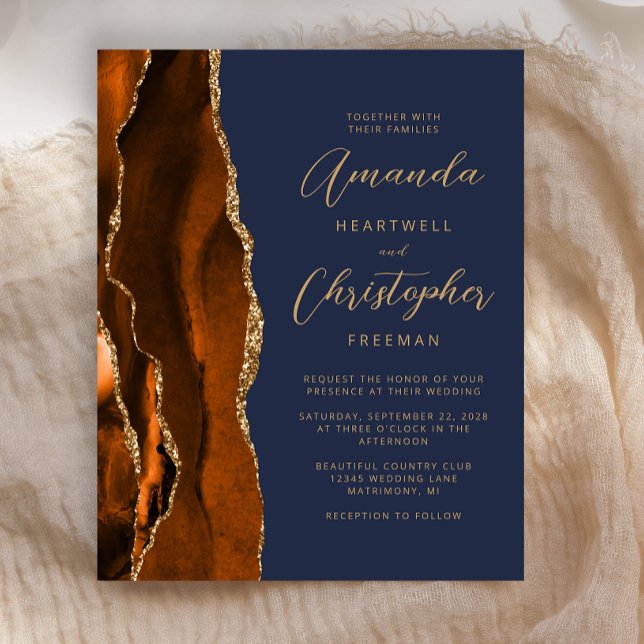 Budget Burnt Orange Dark Blue Agate Wedding Invite (Creator Uploaded)