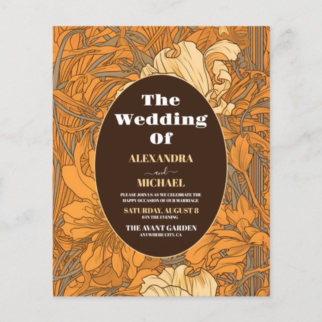 Budget Burnt Orange Floral Art Nouveau Wedding (Front)