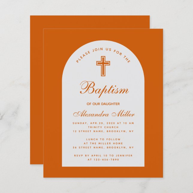 Budget Burnt Orange Girl Baptism Arch Invitation (Front/Back)