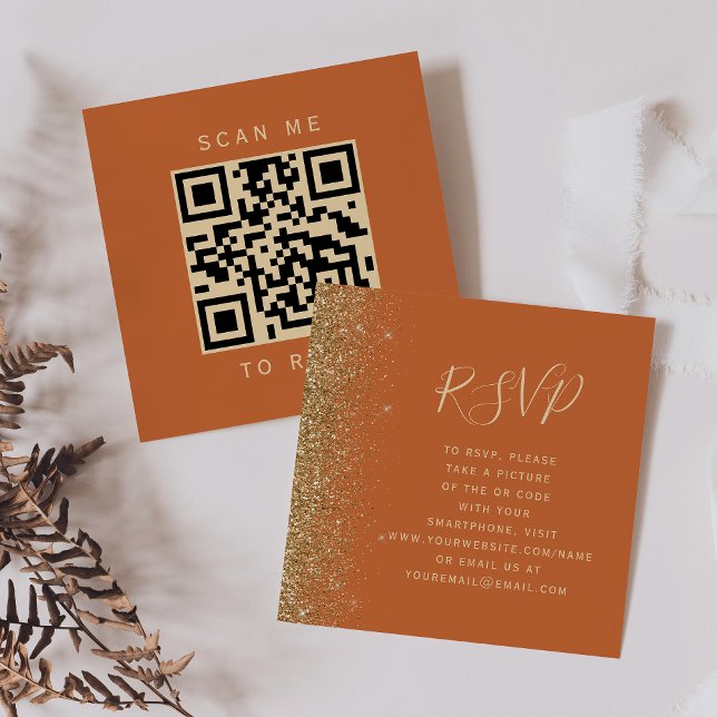 Budget Burnt Orange Gold Wedding QR Code RSVP Enclosure Card (Creator Uploaded)