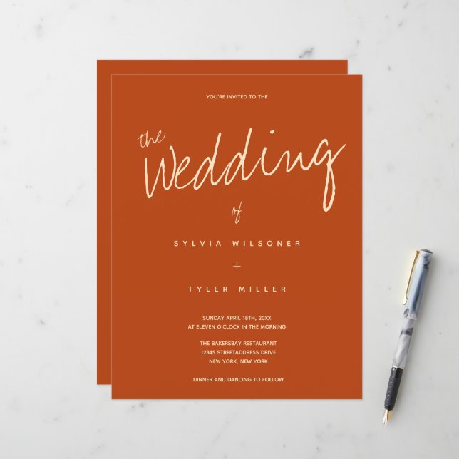 Budget Burnt Orange Typography Wedding Invitation (Front/Back In Situ)