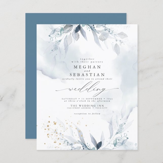 Budget But Beautiful Dusty Blue Watercolor QR RSVP (Front/Back)